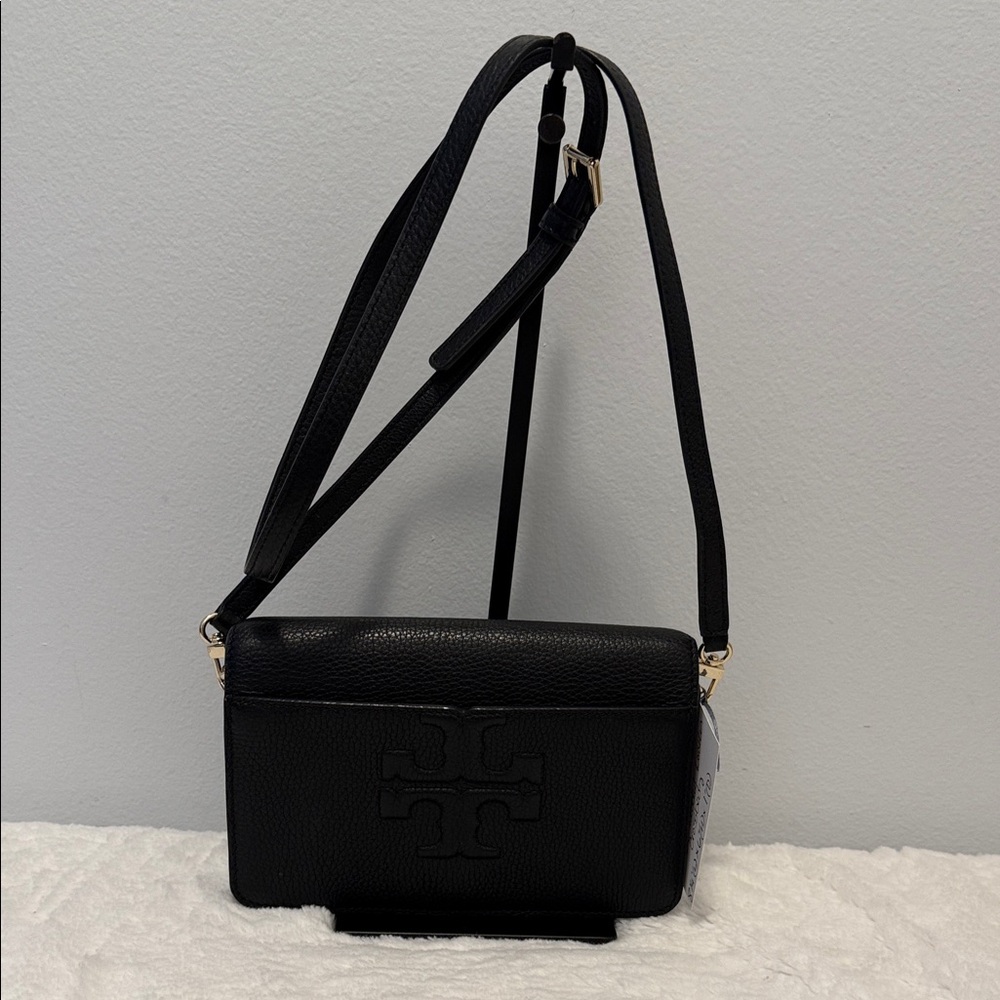 Tory Burch Bombe T Black Pebbled Leather Crossbody Bag EUC - Picture 8 of 8